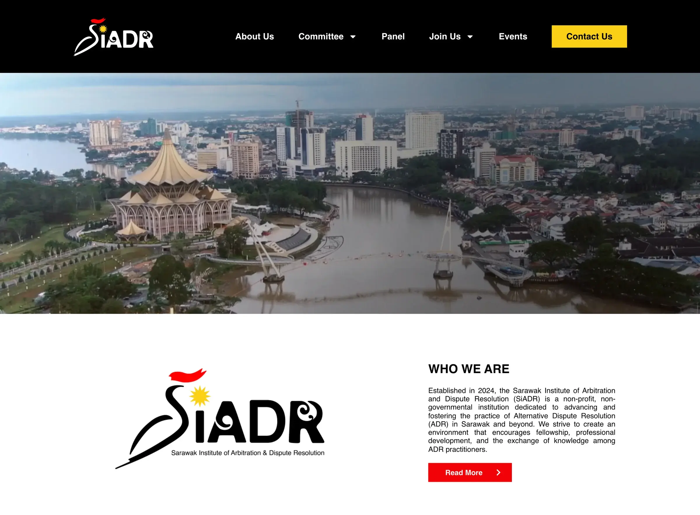 The SIADR website home page: black menu bar, aerial view of Kuching and the SIADR logo with the line Sarawak Institute of Arbitration and Dispute Resolution